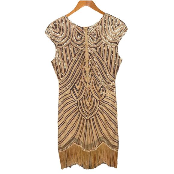 Women’s Dress L Gold‎ Beaded Flapper Fringe 20s Inspired Artsy Boho Gatsby Party - Picture 3 of 11